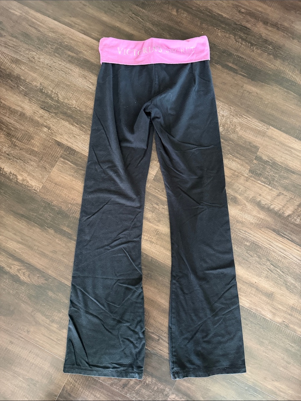 Y2K Victoria's Secret Black Track Pants with Pink Fold-Over Waistband